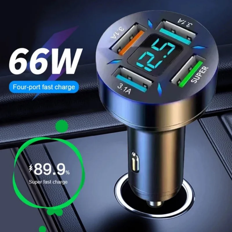 

66W PD Car Charger 4-Port USB & QC 3.0 Fast Charging Cigarette Lighter Adapter Charger for IPhone Xiaomi Huawei Samsung