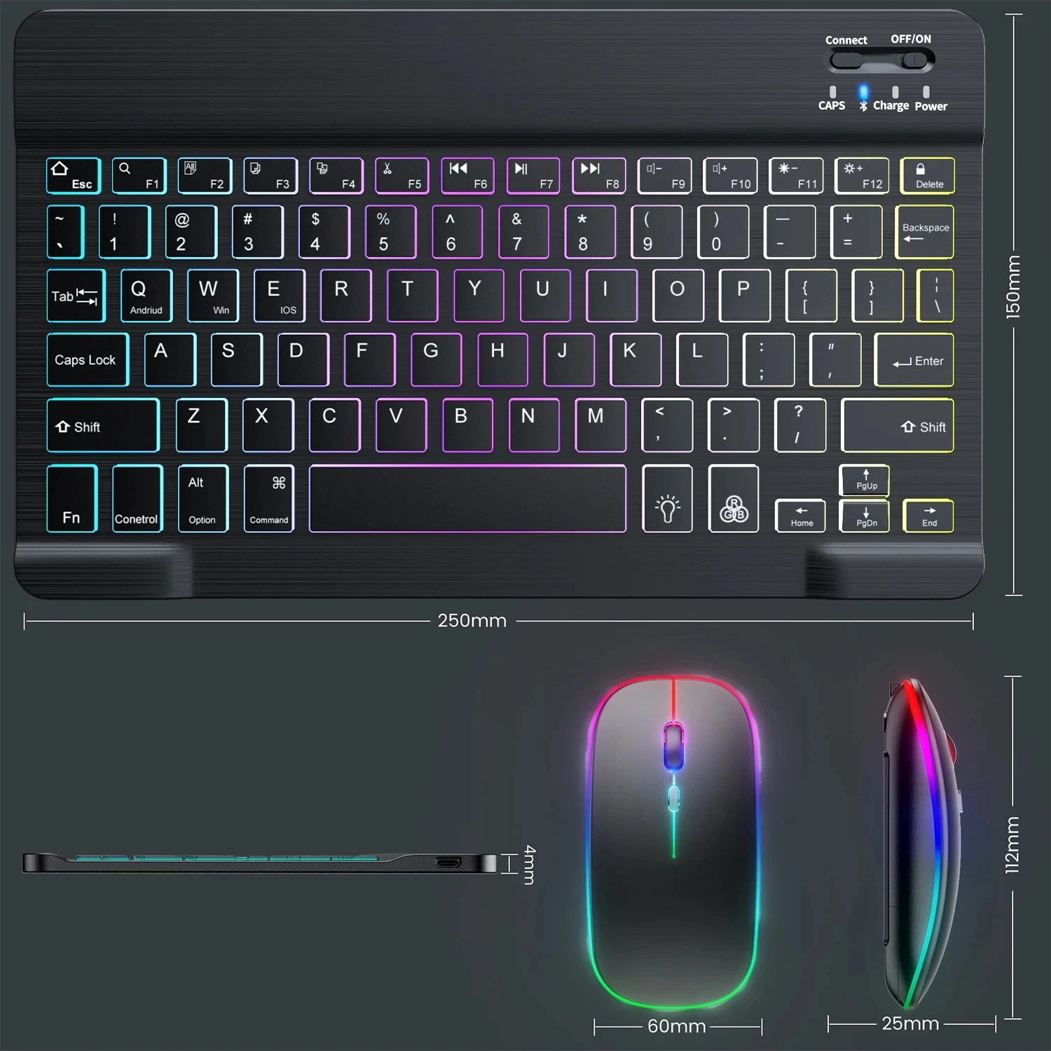 RGB 블루투스 키보드 및 마우스 세트 충전식 러시아어 키보드 블루투스 무선 키보드 마우스 아이패드 프로 태블릿 폰용