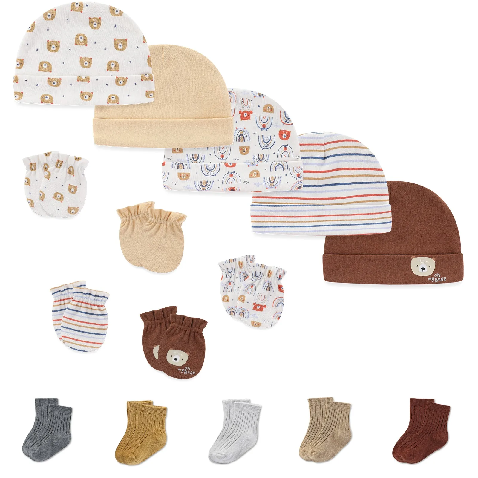 15Pieces New Born Hats+Gloves+Socks Sets 100%Cotton Cartoon Baby Girl Boy Headwear 0-6M Solid Color Infant Supplies Accessories