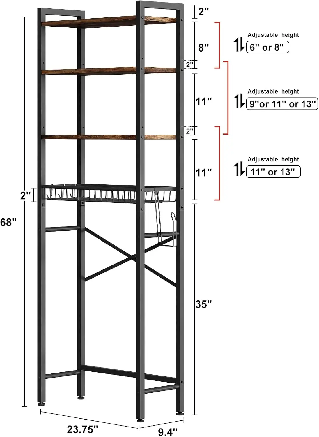 Over Toilet Storage Rack. 4-Tier. Adjustable Shelf & Basket. Freestanding. Space Saver. Vintage Brown.