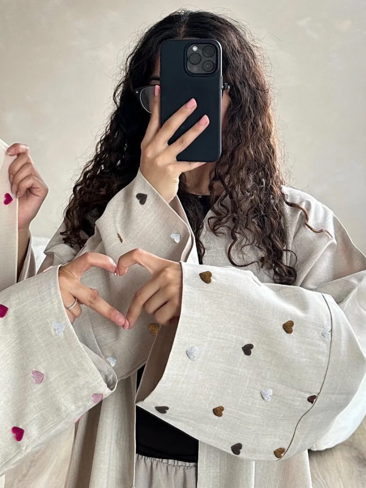 Love Heart Embroidery Muslim Abaya For Women Eid Dress Morocco Ramadan Lace-up Abayas Kaftan Islam Cardigan Dubai Arab Long Robe