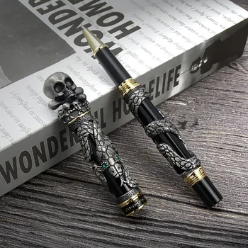 Jinhao 금속 빈티지 롤러 볼 펜, 해골, 해골, 독특한 펜 캡, 파인 포인트 0.5mm 무거운 컬렉션, 고대 회색 사무실 선물 펜