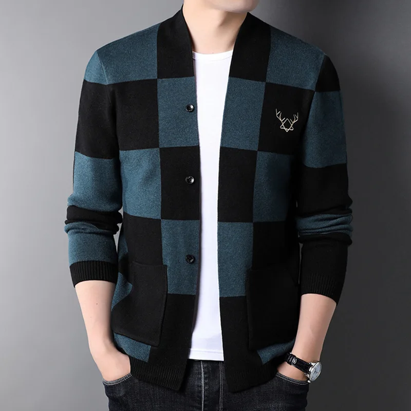 

Spring Autumn Men's Long sleeve Knitted Cardigan Handsome Casual Sweater Fashion Single Breasted Slim Plaid Jacquard Knitwear