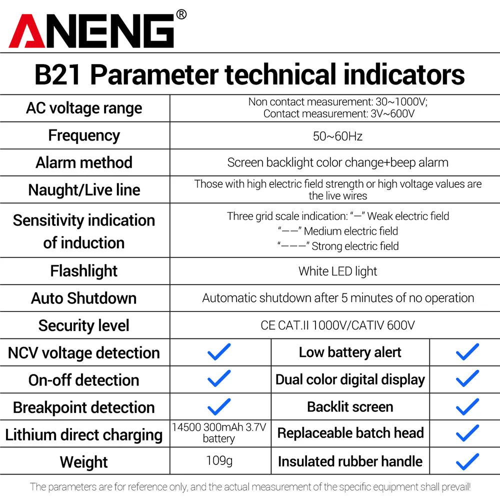 ANENG B21 비접촉식 전압 테스터 펜 AC 30V -1000V 충전식 전압 NCV 전선 감지기 브레이크포인트 탐지기 전기 기술자용 도구