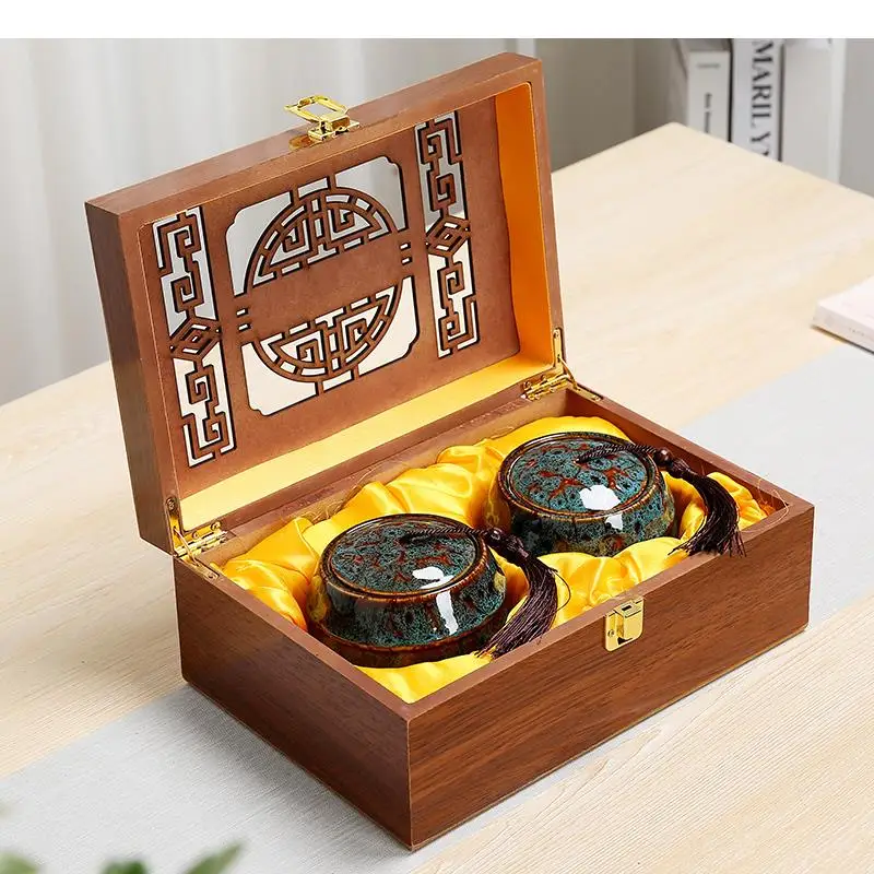 

Ceramics Tea Caddy Wooden Gift Box Two-piece Kiln Change Tea Storage Tank with Cover Sort Out Storage Box Sealed Jar Organizer