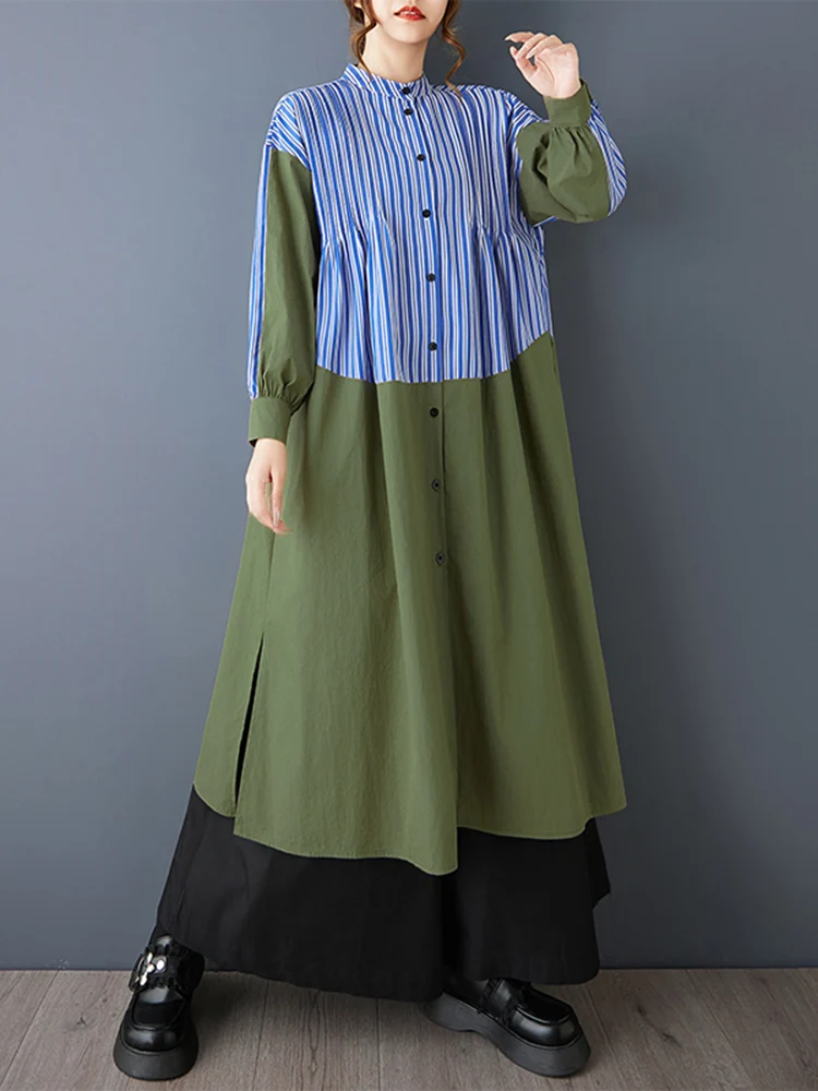 Stripe Patchwork Oversized Shirt Dresses For Women New Long Sleeve Loose Casual Midi Dress Elegant Clothes Spring Autumn 2025