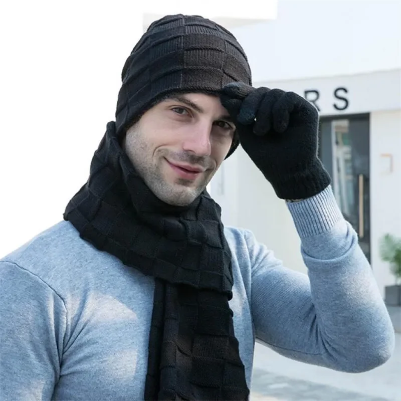 Men Knitted Long Scarf Hat Gloves 3 Piece Set Winter Warm Plush Protection Ear Cap Scarves And Touchscreen Gloves