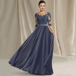 Navy Blue Applique Mother Of The Bride Dresses Scoop Neck Long Sleeve A Line Floor Length Elegant Dress Women For Wedding Party