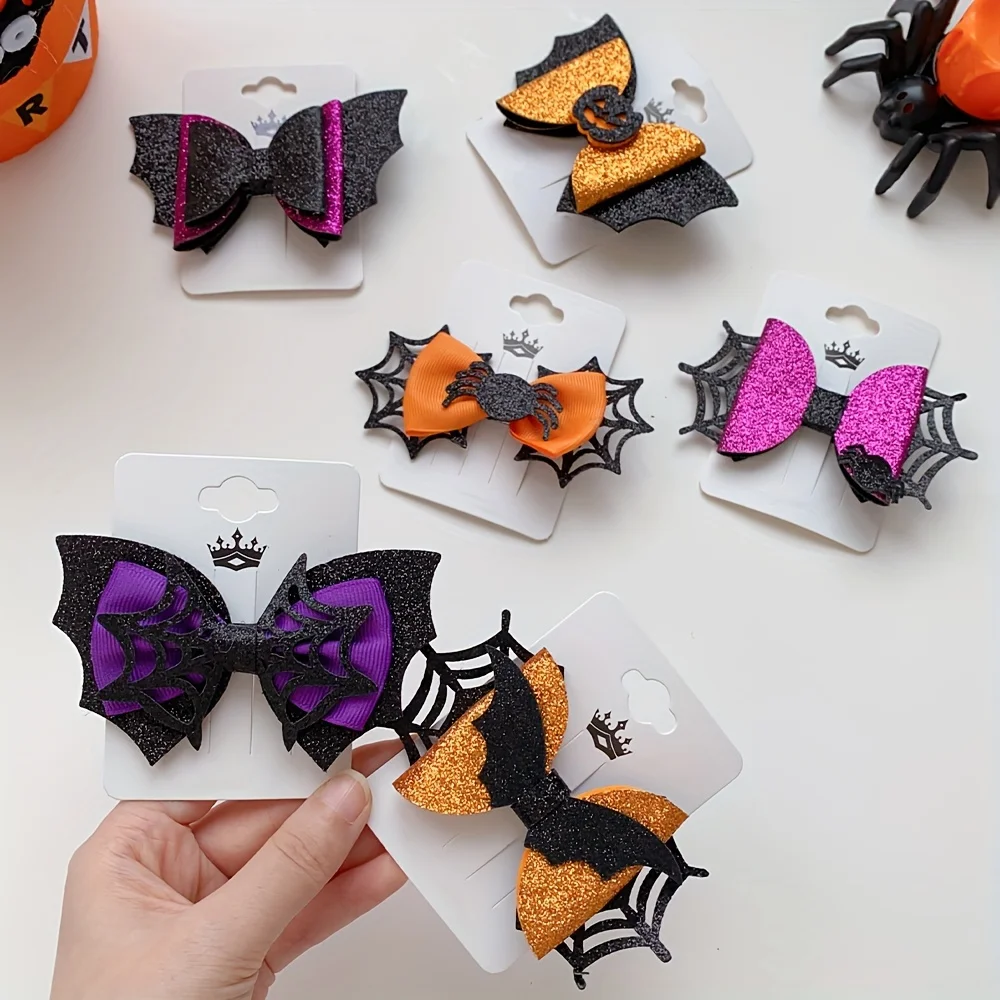 6 Pieces Halloween Elements Colorfulful Bow Pumpkin Hairpins Suitable for Girls