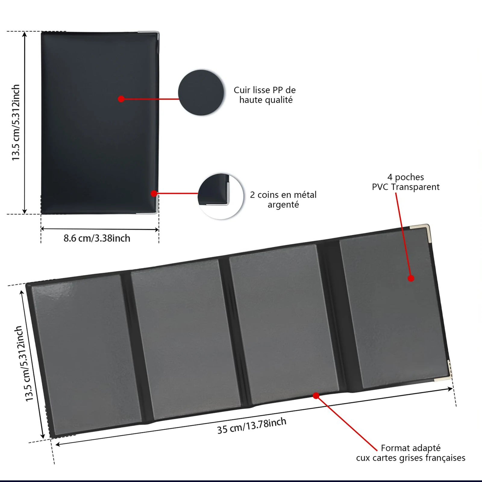 Portacarte grigio a 4 pieghe da 1/2 pezzi in similpelle Porta documenti, assicurativi e licenza per veicoli – Elegante, compatto e durevole - immagine 2