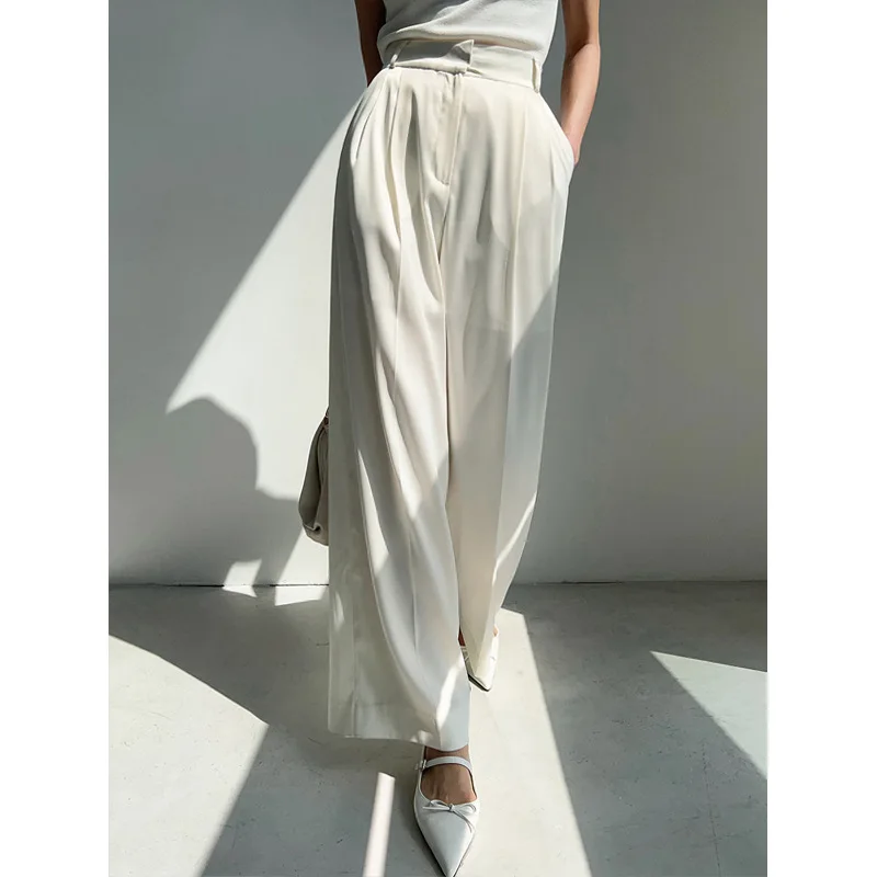 Satin Ice Silk Wide-Leg Pants Women's 2023 New Summer Thin Chiffon Cuprammonuium Narrow Board Straight Suit Pants