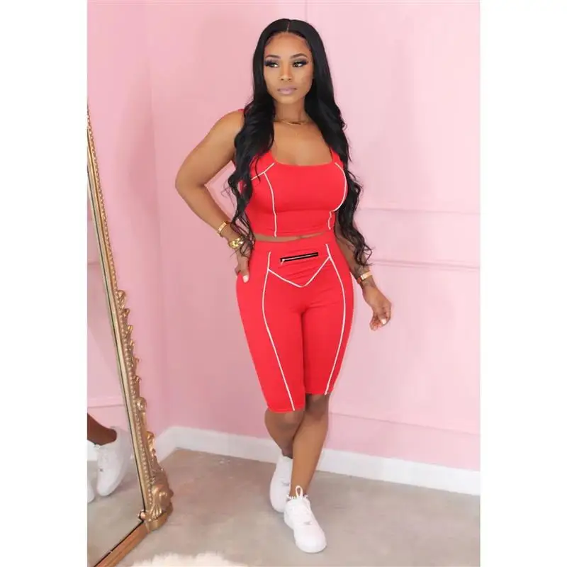 

Langmao Casual Sport 2 Piece Set Women Solid Patchwork 2 Piece Outfit Tank Tops Bodycon Shorts Sets Women Tracksuit --------