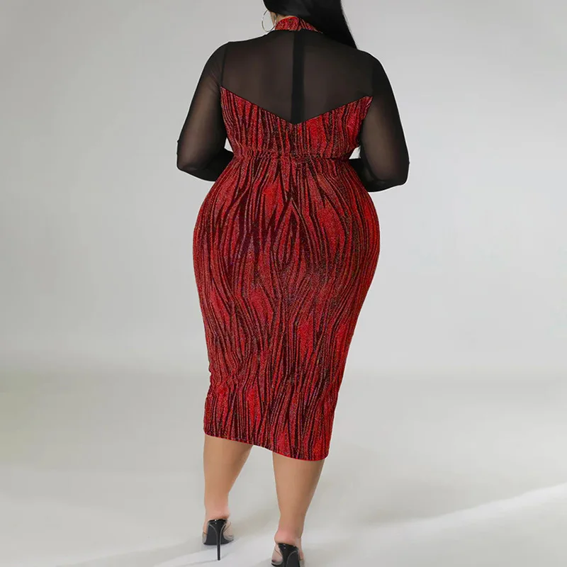 Evening Party Sexy Perspective Splicing Bright Filament A-line Skirt Club O-Neck Long Sleeve Slim Midi Bag Hip Plus Size Dress