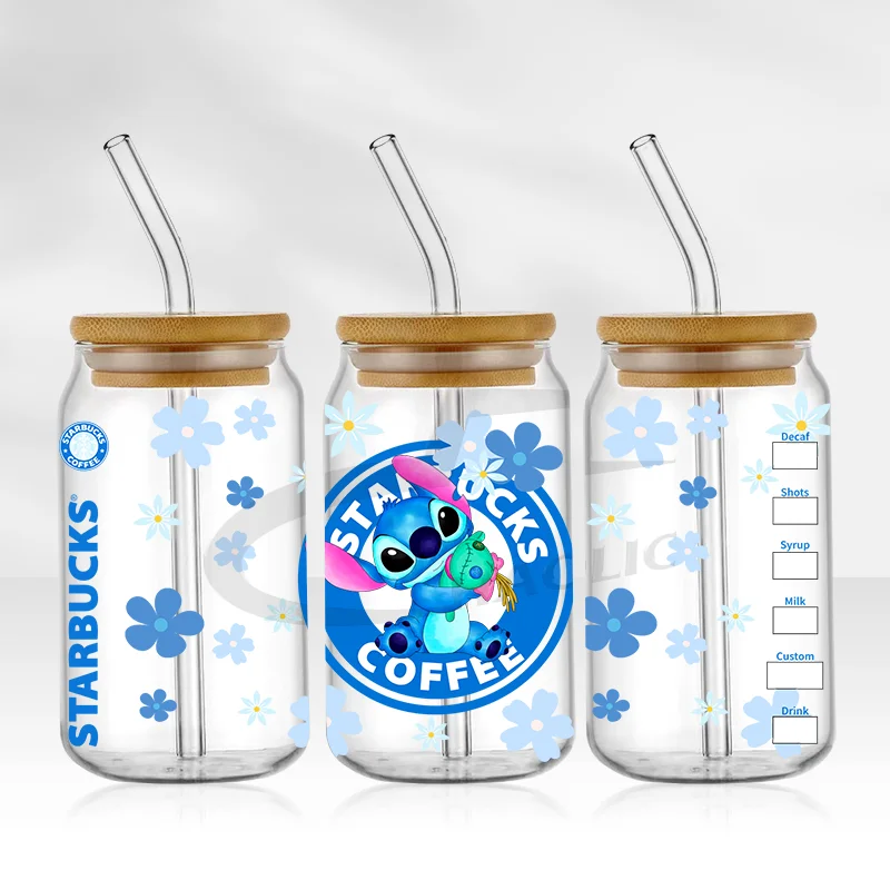 UV DTF Cup Wrap 16oz Blue Cartoon Transfers Libbey Wrap Tumbler Stickers Glass Can Self-adhesive Waterproof