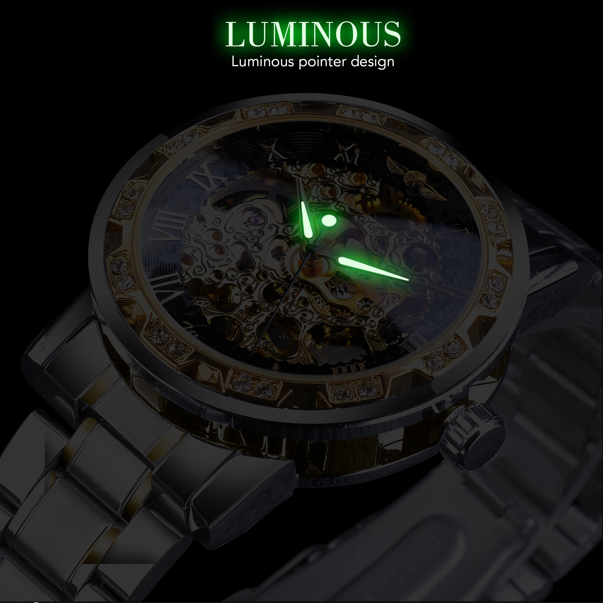 Winner Transparent Fashion Diamond Luminous Gear Movement Royal Design Men Top Brand Luxury Male Mechanical Skeleton Wrist Watch images - 6