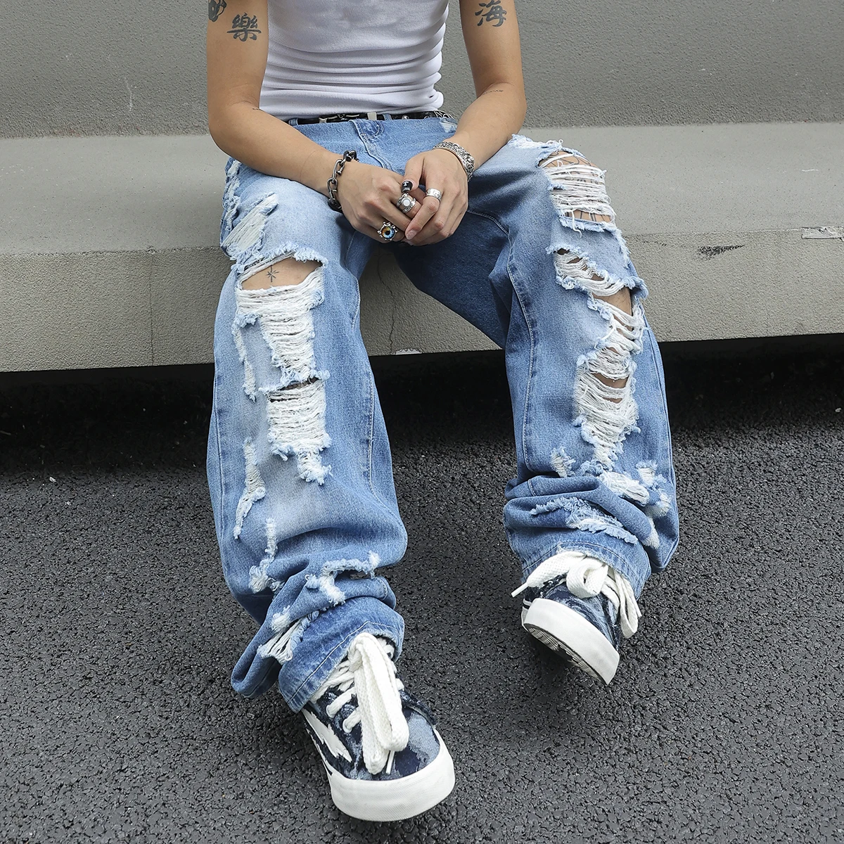 Men's Ripped Baggy Jeans Loose Fit Distressed Denim Pants Light