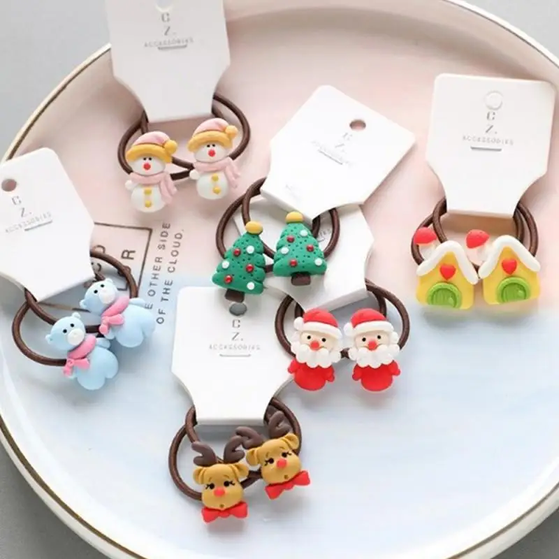 2pcs Cute Cartoon Christmas Elk Elastic Hair Bands Rubber Hair Rope Tie Girls Scrunchie Ponytail Holder Gum Accessories