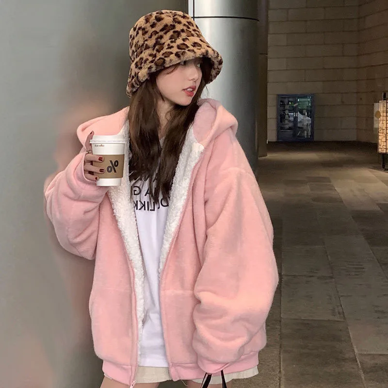 

Pink Plus Velvet Hooded Sweatshirts Women Autumn Winter Zipper Thicken Warm Hoodies Woman Korean Student Lamb Wool Coat