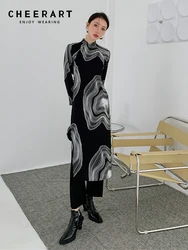 CHEERART 2022 Fashion Women Vintage Cheongsam Long Black Dress A Line Long Sleeve Ladies High Slit Dress Women Aesthetic Clothes