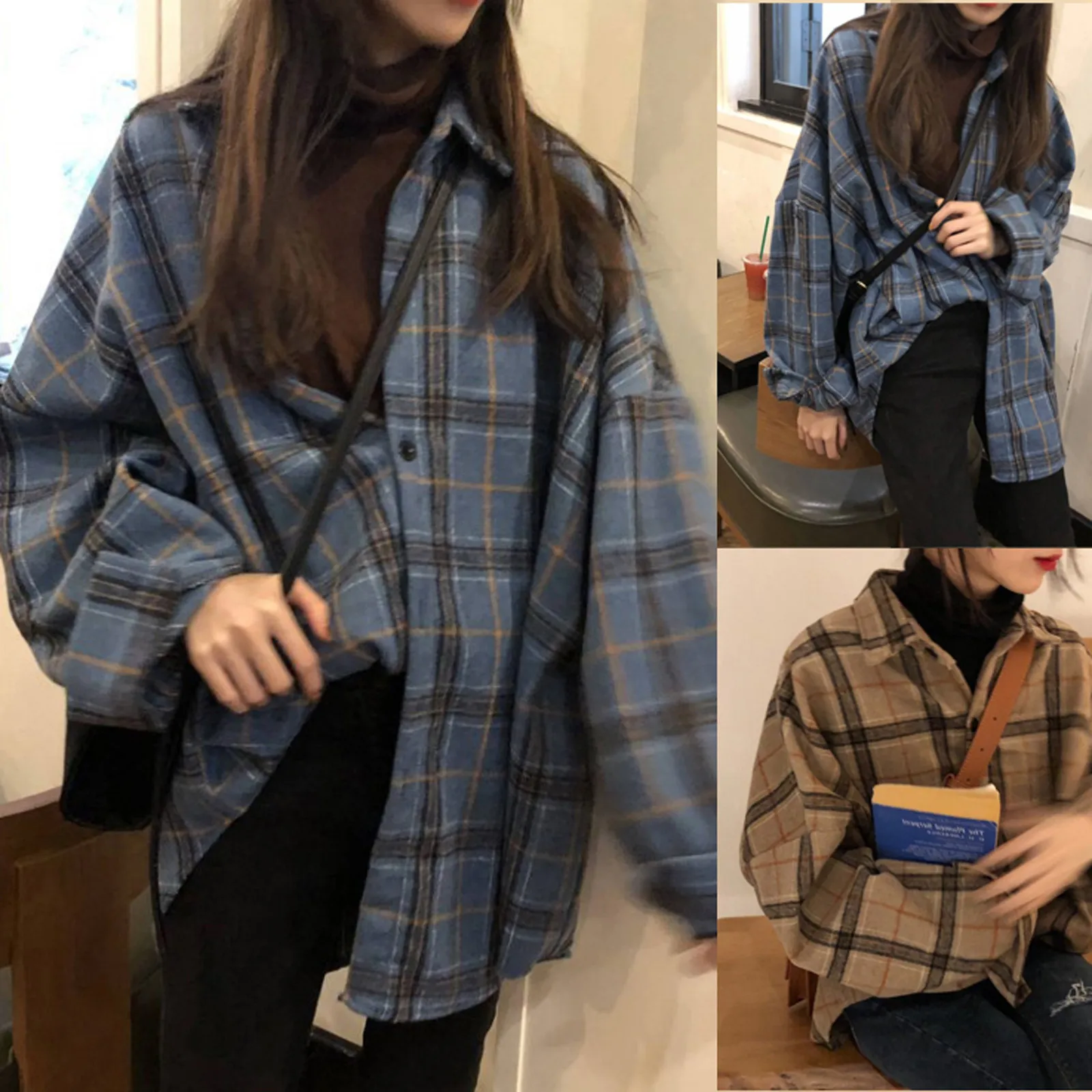 여성용 캐주얼 다용도 격자 무늬 패치워크 긴팔 라운드넥 블라우스, 클래식 하이 스트리트 버튼, 느슨한 가디건 상의, 패션