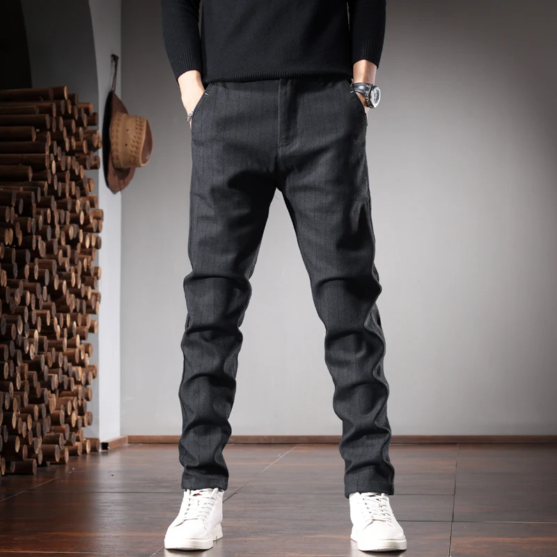 Autumn Striped Pants Men Korean Style Social Casual Gray Black Slim Fit Straight Suit Trousers