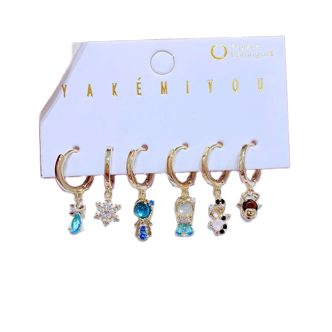 MIGGA 6pcs Fairy Tales Frozen Princess Dangle Earrings Set Gold Plated Huggie Earrings Women Jewelry 6