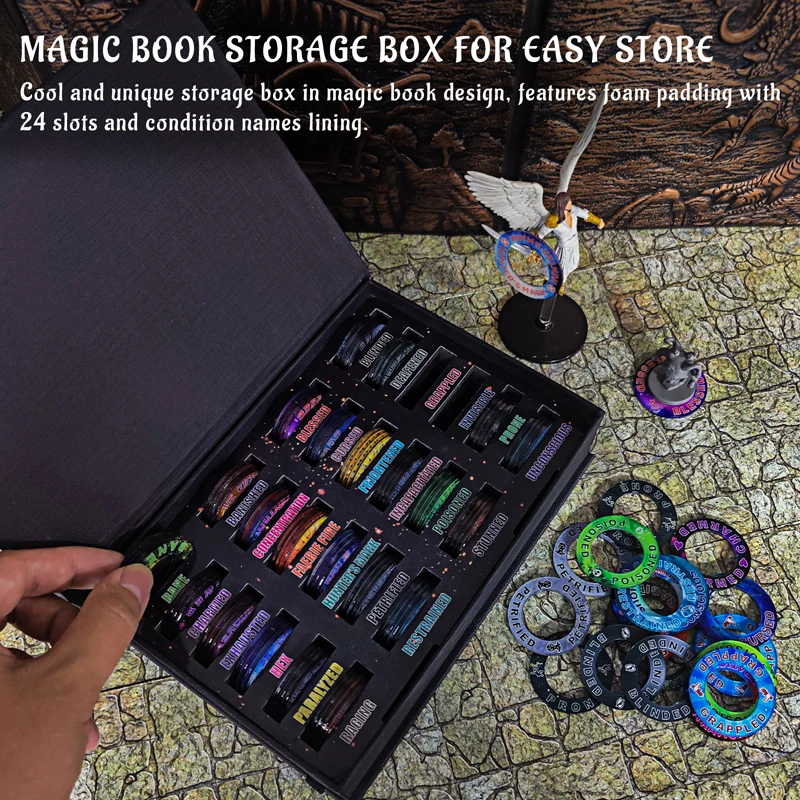 Upgraded ALIZERO DND Miniatures Condition Rings - 96 D&D Status Effect Markers In 24 Frequently Used Conditions - Pathfinder And Dungeons & Dragons Accessories - Premium Storage Box With Foam Padding