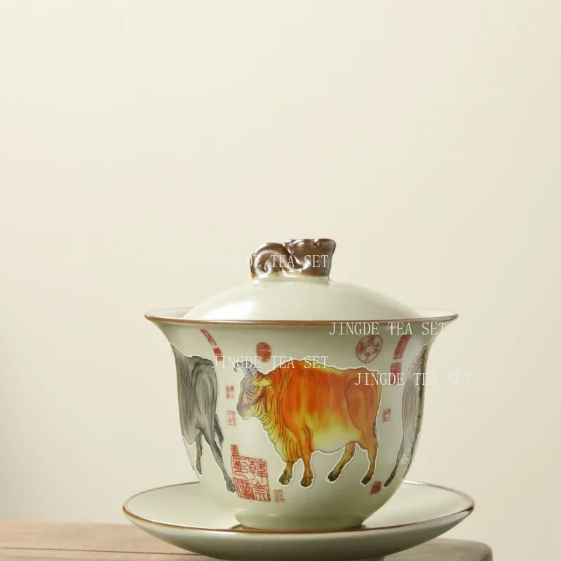 180ml Ru Kiln Cracking Ceramic Sancai Cover Bowl Heart Sutra Kung Fu Tea Bowl Underglaze Colored Household Chinese Tea Cup