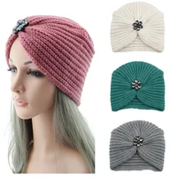 Bohemian Style Winter Woolen Flower Drill Belt Knitted Hat European and American  Women Turbans Cap 1