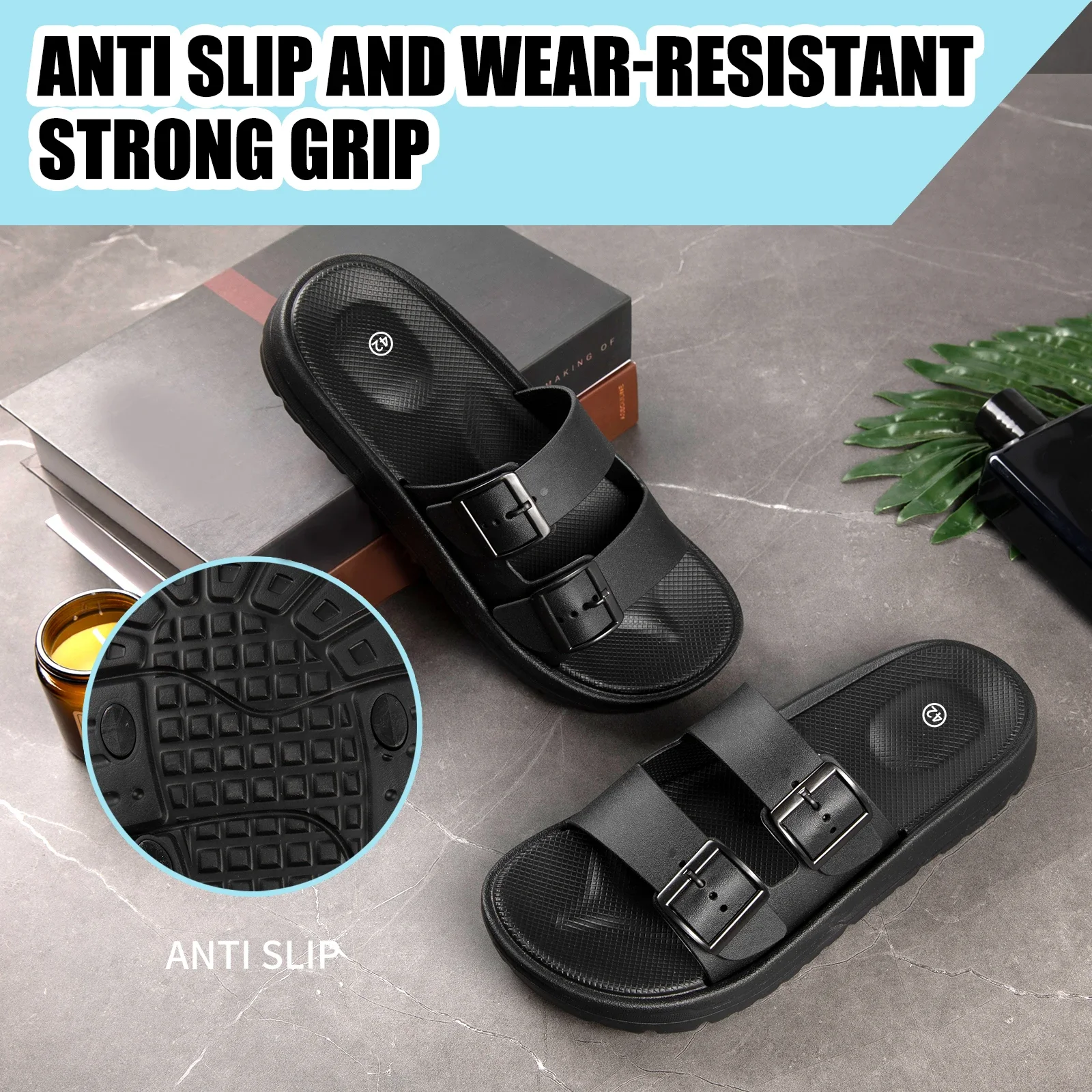 Non Slip Slippers Casual adjustable double button thick sole solid color universal home daily outdoor walking men's slippers non slip slippers,soft slippers