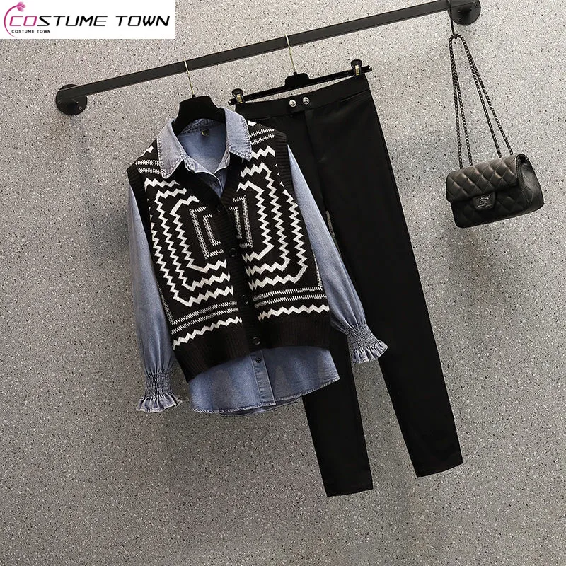 

Oversized Women's Spring Set 2023 New Waist Shrinking and Age Reducing Vest Denim Shirt Pants Three Piece Set