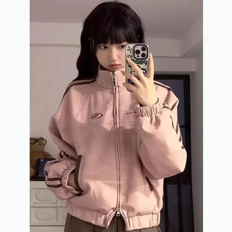 

Vintage Y2k Pink Suede Jacket Women Korean Fashion Streetwear Cropped Bomber Jackets Japanese Style College Spring Coat