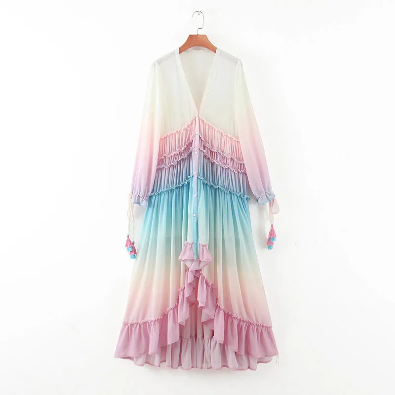 

2022 Summer Women's Deep V Long Sleeve Gradient Print Dress