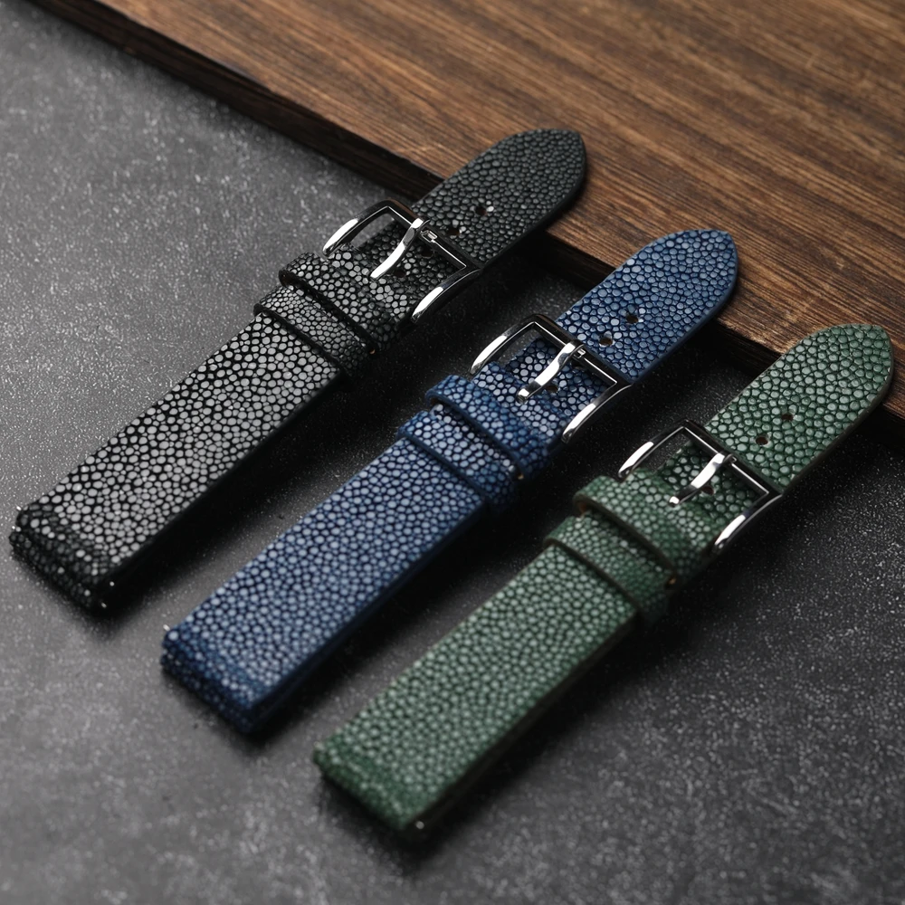 수제 진주 물고기 가죽 팔찌, 블랙 블루 그린 시계 밴드, 퀵릴리즈 시계 스트랩, 18mm, 19mm, 20mm, 21mm, 22mm