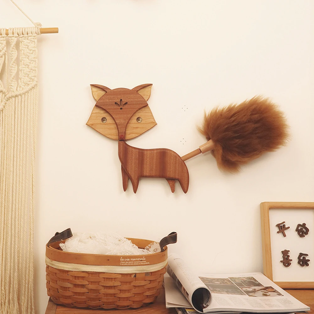 

Creative Wooden Animal Wall Decor Cute Little Fox Dust Remover Removable Wool Duster Forest Animal Ornament Kids Room Decoration