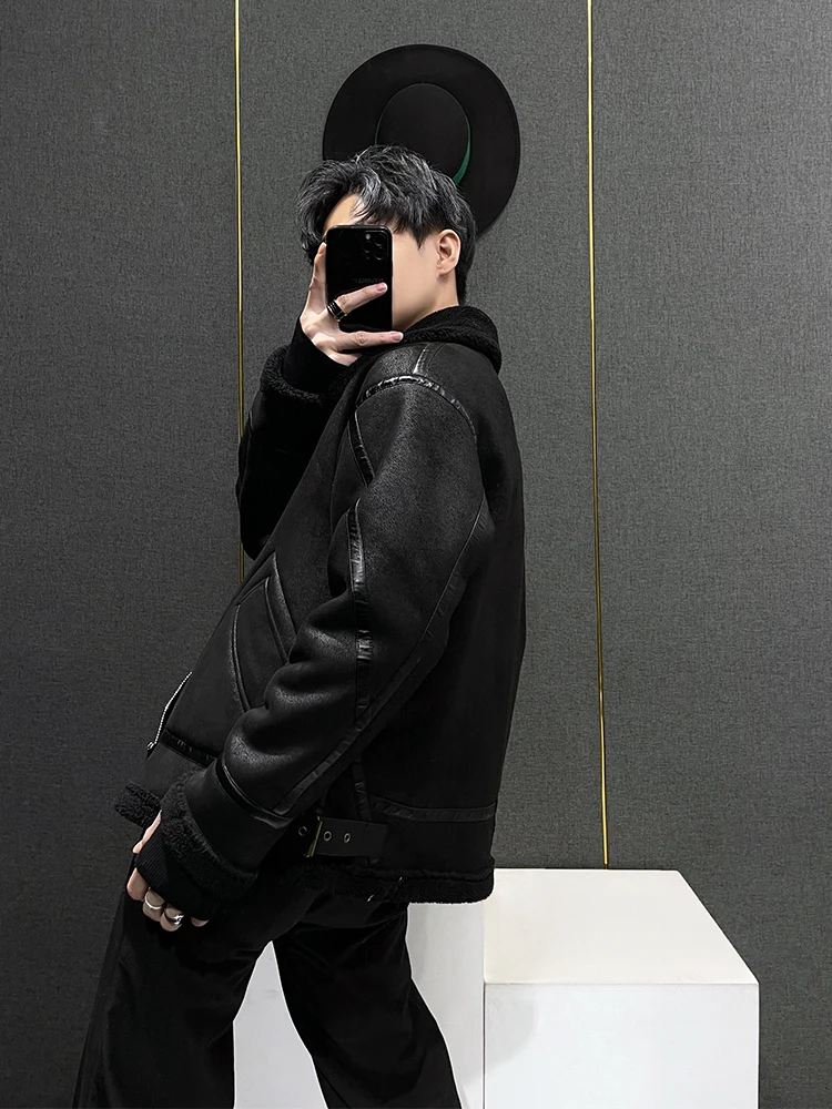 Fashion Retro Fur Coat Men's Winter Thick Motorcycle Jacket Youth Trendy Male Loose Comfortable Lapel Cotton-Padded Coat