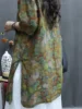 Retro Cotton Linen Print irt Dr with Button Loose Waist Long Sve Stand Collar A-Line Skirt Sle Summer Faion