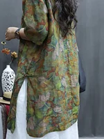 Retro Cotton Linen Print irt Dr with Button Loose Waist Long Sve Stand Collar A-Line Skirt Sle Summer Faion