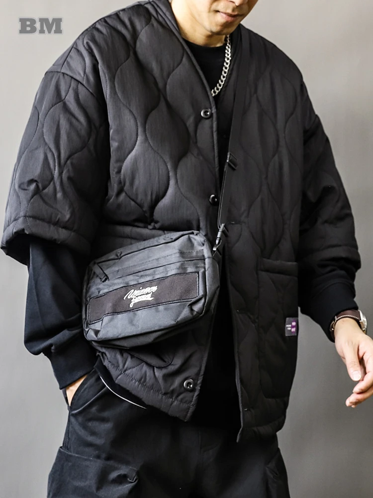 Autumn Winter Japanese Streetwear Half Sleeve Padded Jacket Harajuku Casual Mens Jacket Harajuku Thick Trendy V-Neck Coat Male