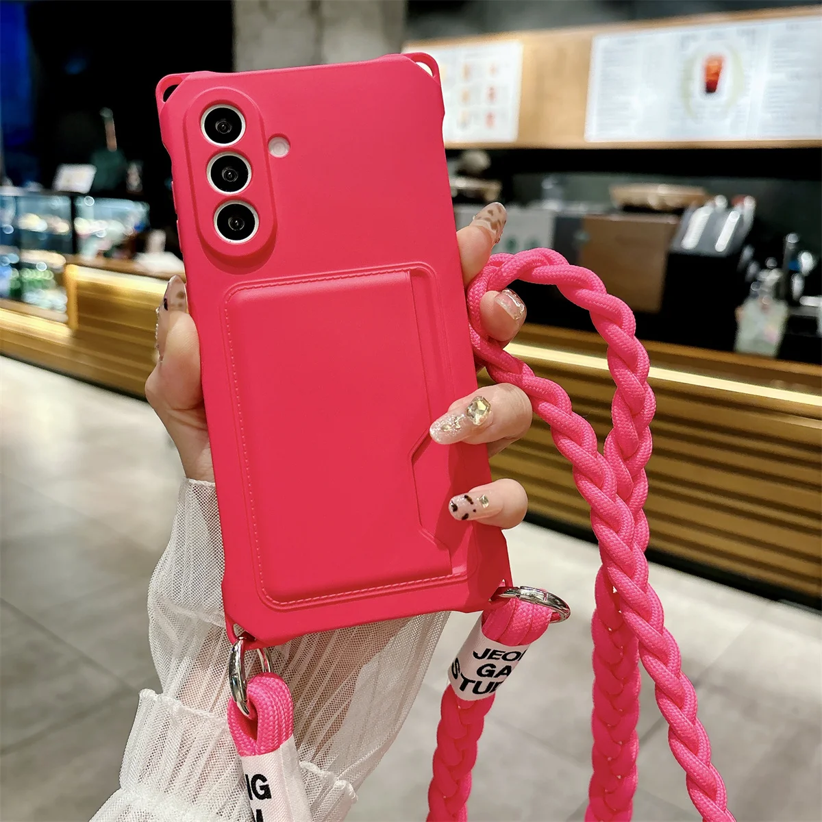 Braided Crossbody Lanyard Strap Phone Case with Wallet Card Holder and Silicone Cover
