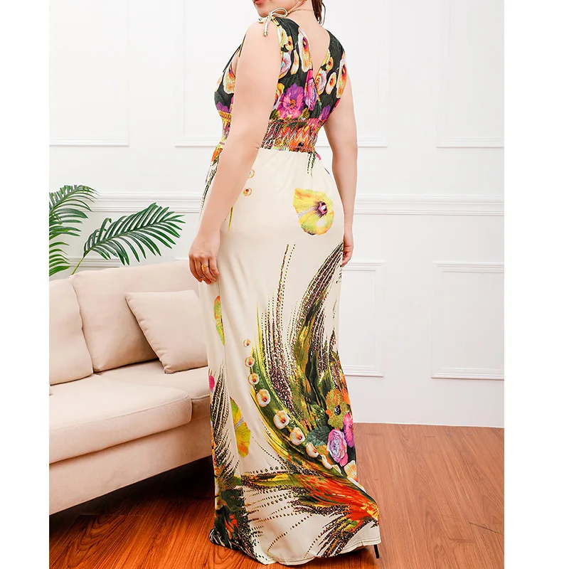 Bohemian Plus Size Women's Clothing Deep V-neck Floral Printing Bandage Sleeveless Loose Beach Vacation Ice Silk Maxi Dresses