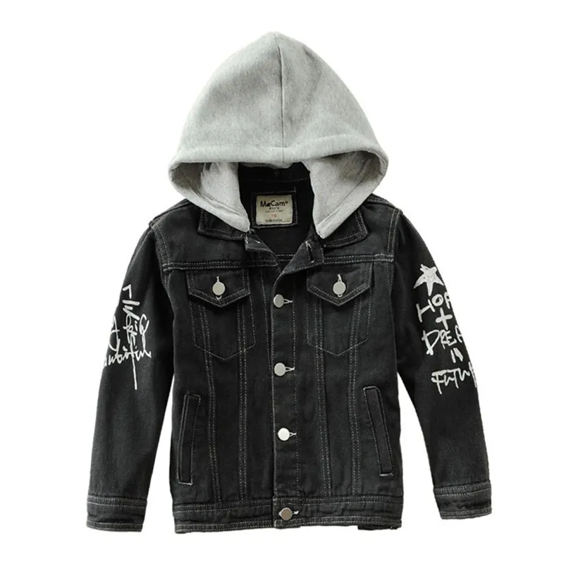 

Boys' Black Denim Jacket With Hood Europe Size Print Kids Jean Coat Cotton For Children 4-14 Years Cowboy Outwear