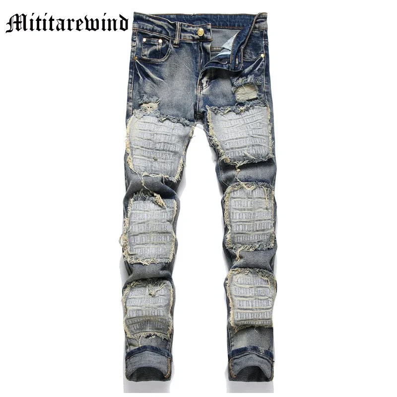 

Men's Autumn Punk Style Jeans Slim Patchwork Vintage Blue Denim Pants High Street Fashion Male Trousers Four Seasons Casual