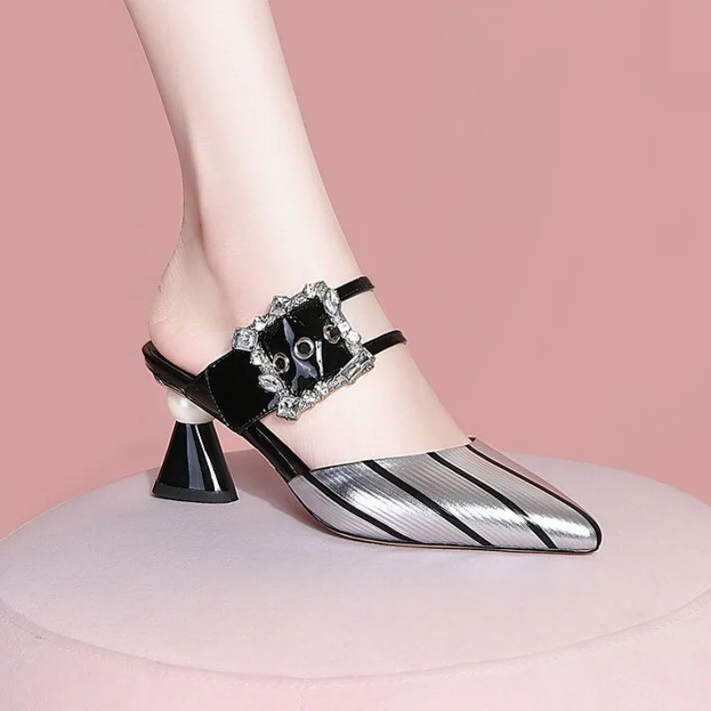 

Summer 2022 High-heeled Women Mules Slippers Woman Mixed Color Strange Heel Sandals Baotou Female Outdoor Square Button Shoes