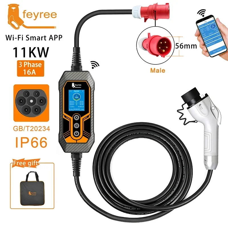EV Charger feyree GB/T Socket EV Charger 11KW 16A 3Phase Smart APP WIFI Bluetooth 32A 7KW 1Phase Portable Charging Box for Electric Vehicle