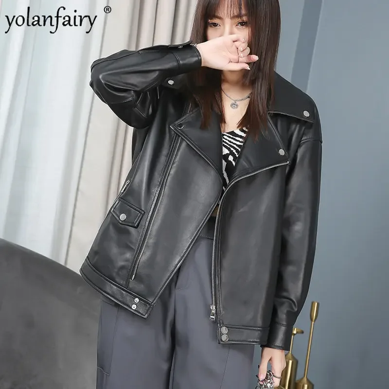 

Spring Clothes Women's Genuine Leather Jakcet Female Short Motorcycle Jackets Fashion Natural Sheepskin Coat Jaqueta Feminina FC