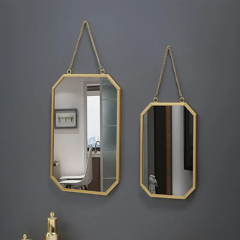 Round Decorative Glass Mirrors Home Decor Bathroom Vanity Chain Hexagon Wall Hanging Makeup Mirror Art Interior Home Decoration