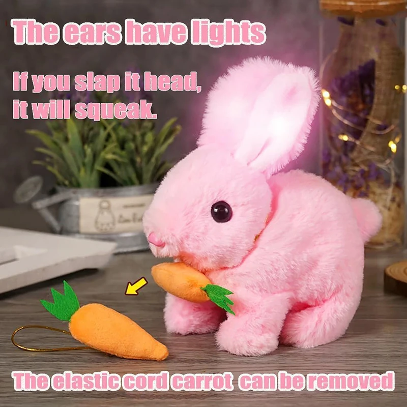 Cute Electric Rabbit Interactive Plush Toys Bunny With Light Carrot Walking Wiggle Ears Wag Tail Stuffed Peluche Doll Birthday