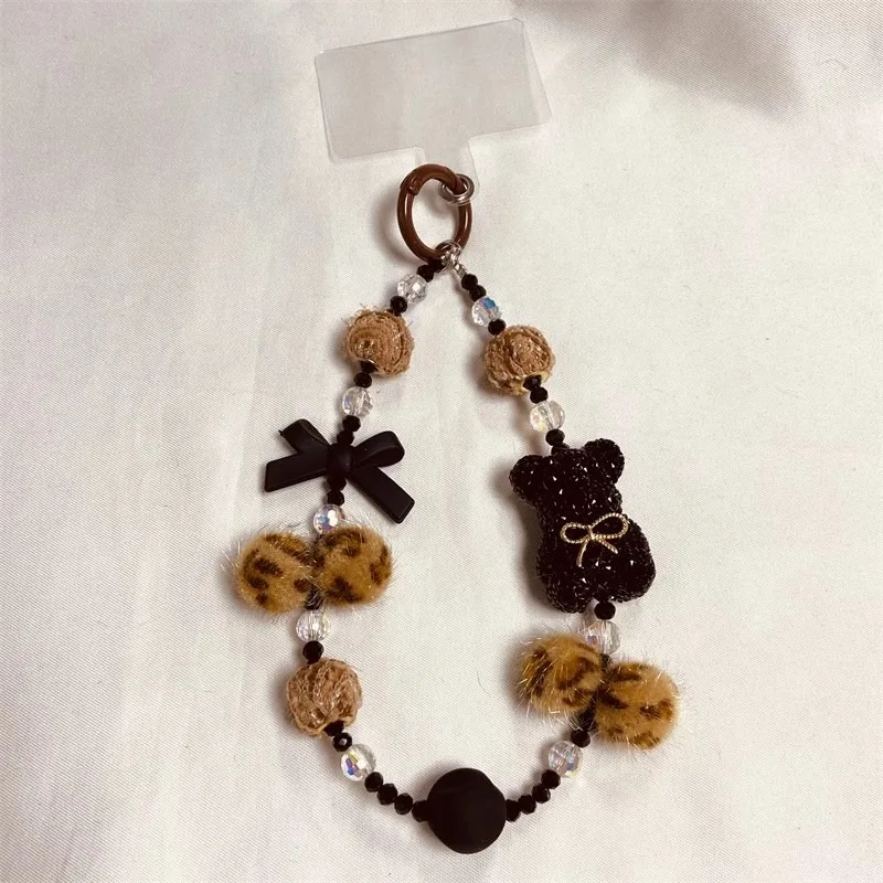 Cartoon Crystal Bear Plush Ball Luxury Wrist Chain with Beaded Lanyard