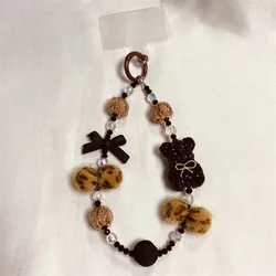 Cartoon Crystal Bear Plush Ball Luxury Wrist Chain with Beaded Lanyard (Brown)